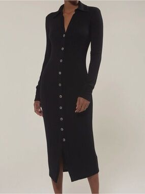 Women’s Ribbed Black Knit Button Up Midi Sweater Dress Chic Party Stretch Sz M